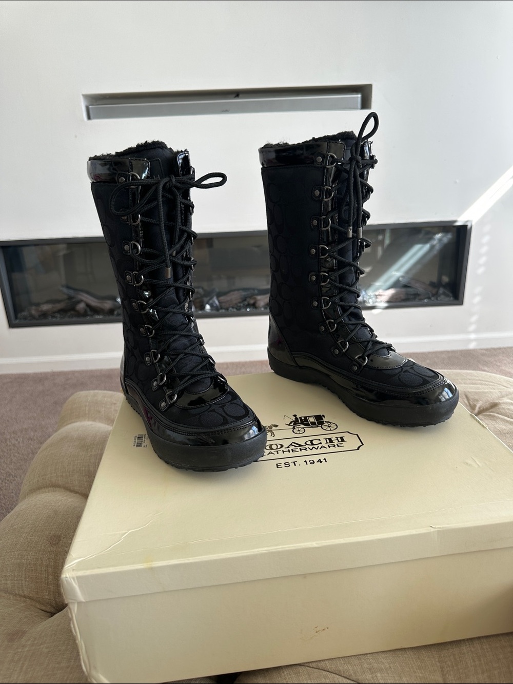 Coach Black Lace-Up Tall Quilted Boots